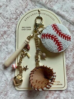 Beaded Baseball Charm Keychain with Bat and Glove